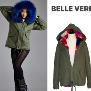 Belle Vere Military Faux Multicolored Fur Lining Hooded Parka in Olive Xs